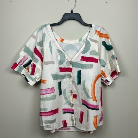 ANTHROPOLOGIE X Aimee Clarke button back brushstroke print short sleeve blouse - Picture 8 of 14